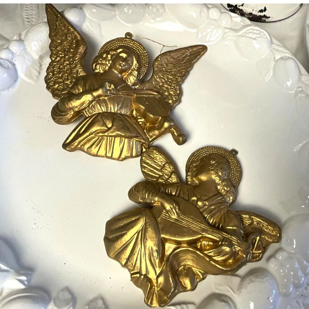 Two gold vintage Christmas Angel Ornaments playing lute and violin
